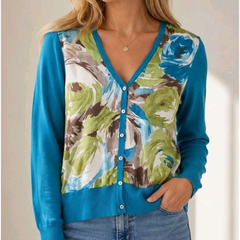 Talbots Silk Cotton Floral Lightweight Button Cardigan Sweater Petite M